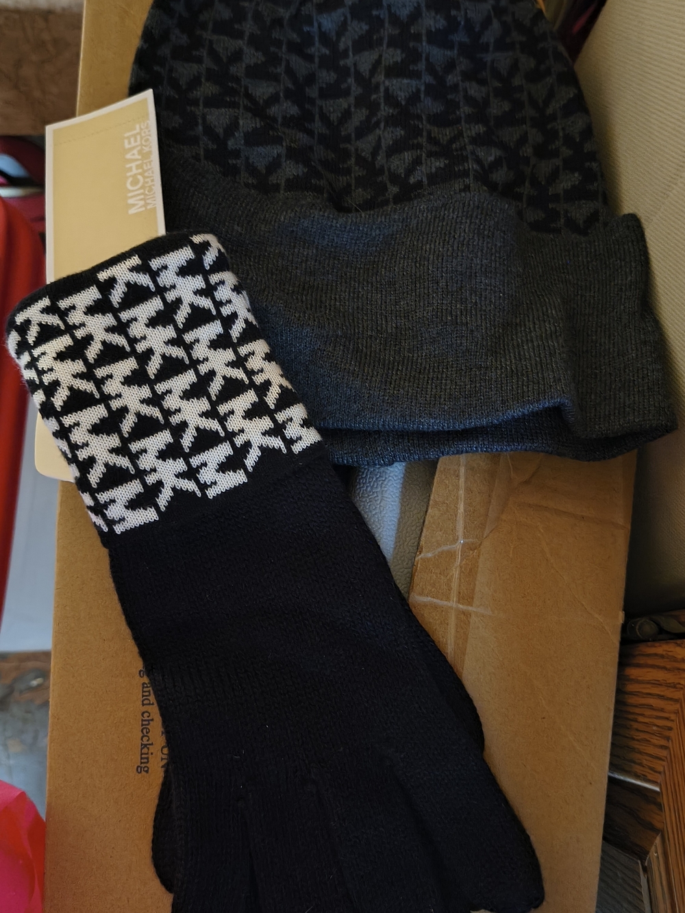 Michael Kors Black & Gray Knit Beanie and Gloves Set